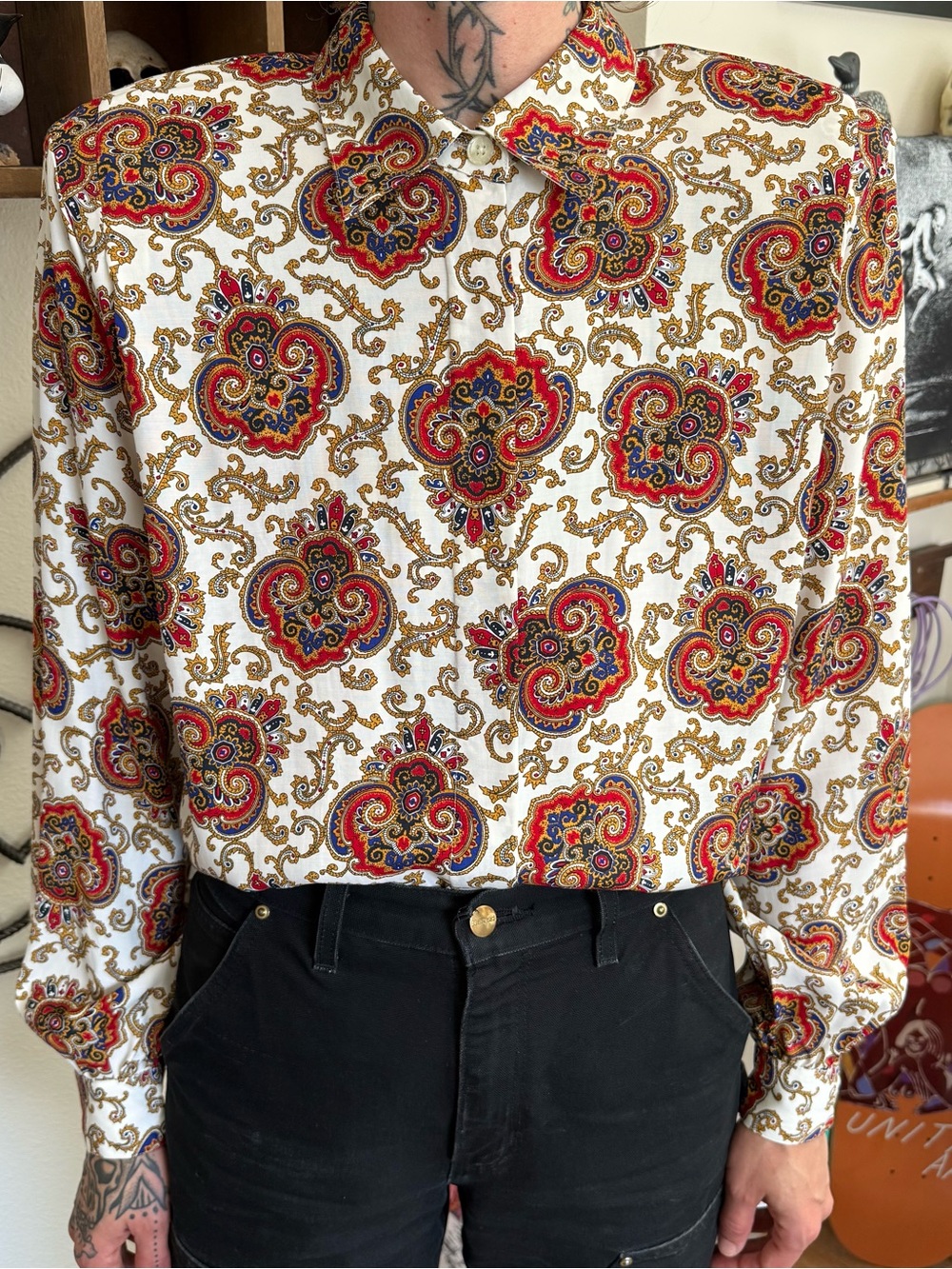 Vintage 80s 90s NOS Paisley Medallion AOP Rayon Blouse ~ Size Small